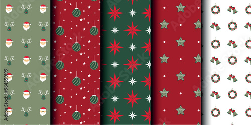 Set of Christmas vector seamless pattern. Merry Christmas and Happy New Year. Christmas symbols background. Vector red and green seamless illustration