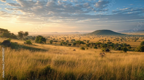 A panoramic view of the Serengeti at dawn, with the savanna bathed in soft golden light.