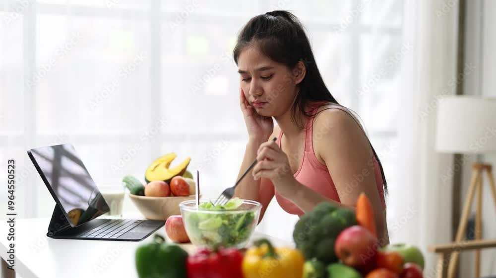 A young Asian woman who eats vegetable salad every day is bored with vegetables. Unhappy women is on dieting time looking vegetable on the fork. girl do not want to eat vegetables and dislike taste.