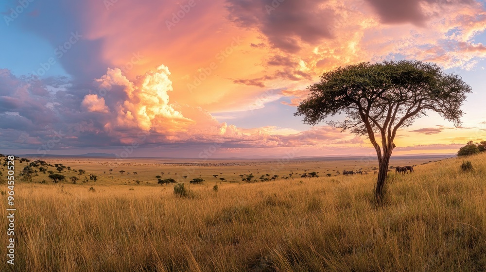 Obraz premium A panoramic view of the Serengeti at sunset, with the sky ablaze with color and the savanna stretching out as far as the eye can see.