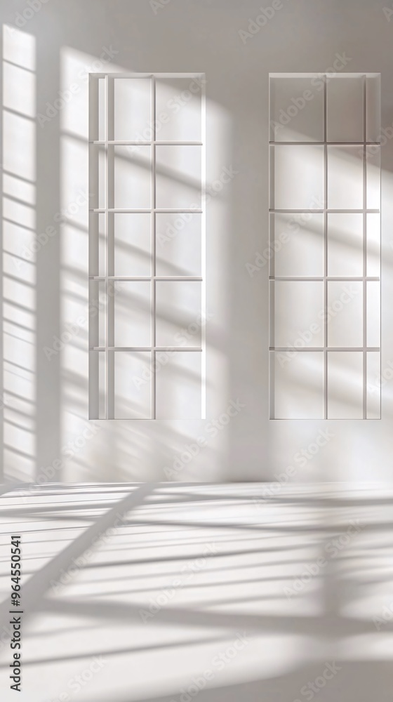 Two windows with gridded glass panes cast shadows on a white wall and floor. Two windows with gridded glass panes cast shadows on a white wall and floor.