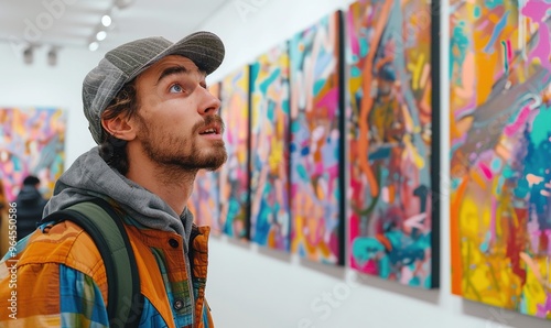 A man with a surprised expression, browsing a gallery of modern art with vibrant abstract paintings and sculptures against a white backdrop. 4K hyperrealistic photo. photo