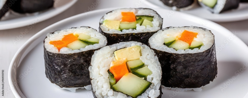 Delicious sushi rolls filled with fresh vegetables and served on a plate, showcasing vibrant colors and culinary artistry. Delicious sushi rolls filled with fresh vegetables and served on a plate, showcasing vibrant colors and culinary artistry.