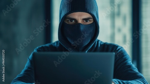 A scammer in a thief mask sending phishing emails, with an inbox filled with deceptive subject lines asking for personal information and login details photo