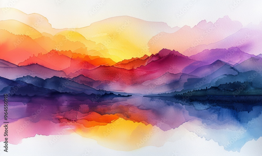 Watercolor abstract twilight reflections on white.