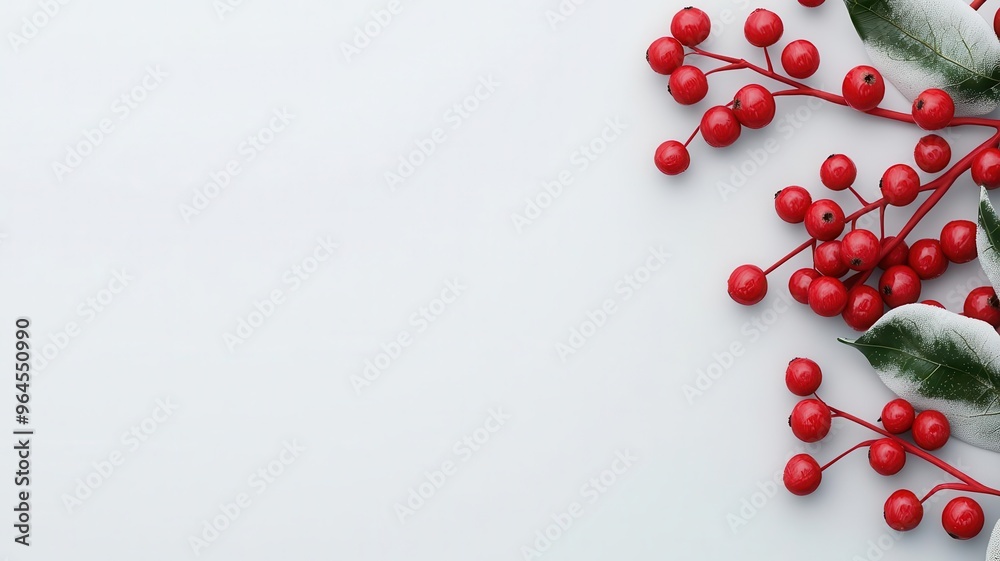 Frost-covered berries, vibrant red against white snow, 3D illustration, copy space for text, Frost-covered berries, vibrant red against white snow, 3D illustration, copy space for text,