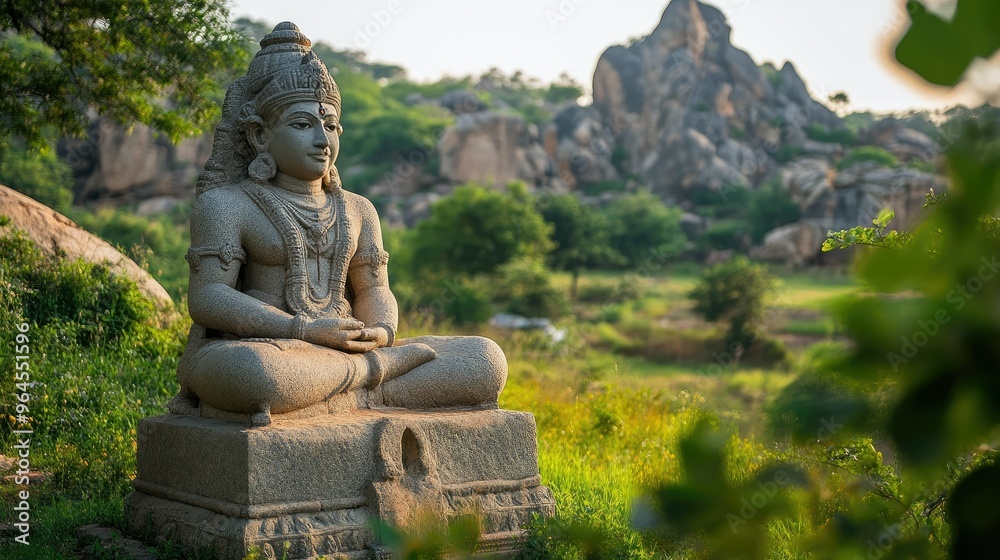 A peaceful moment at the monolithic statue of Lakshmi Narasimha in Hampi, surrounded by greenery. A peaceful moment at the monolithic statue of Lakshmi Narasimha in Hampi, surrounded by greenery.