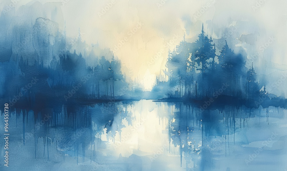 A painting of a forest with a lake in the background. The water is blue and the sky is yellow. The mood of the painting is peaceful and serene A painting of a forest with a lake in the background. The water is blue and the sky is yellow. The mood of the painting is peaceful and serene