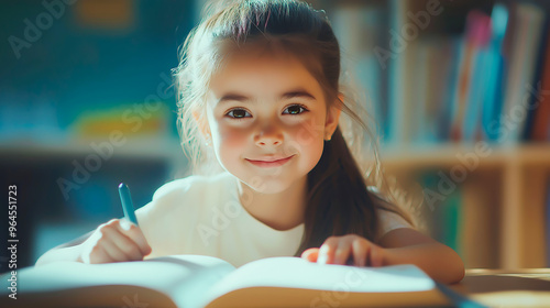 Portrait of girl in classroom exam, education or studying with book. Preschool smile, development and happy kid or student coloring for creative art in notebook in kindergarten 