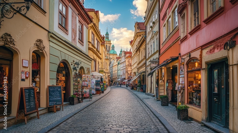 A picturesque street in Prague's Old Town, lined with pastel-colored historic buildings and shops.