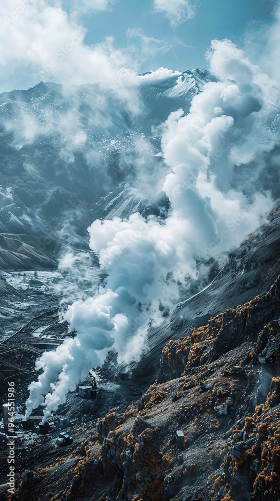 Fototapeta premium The geothermal power plant emits massive steam clouds into the air.
