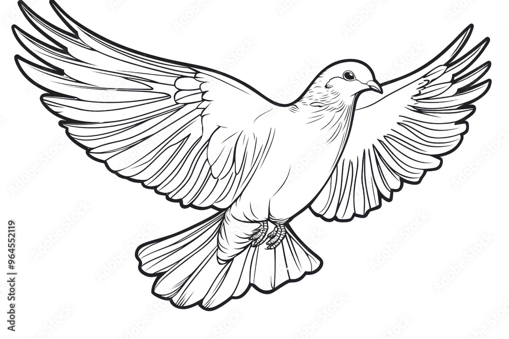 Obraz premium Black and white illustration of a flying bird with wings spread wide, symbolizing freedom, grace, and serenity. Ideal for nature and wildlife designs.