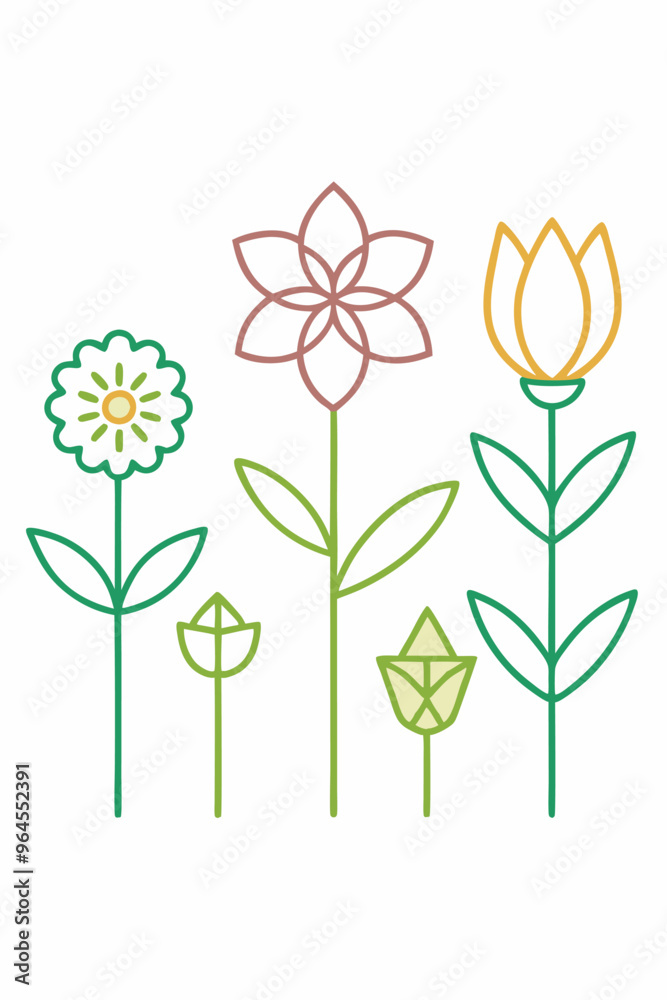 A simple and elegant line art illustration of five different flowers, featuring a daisy, a star-shaped flower, a tulip, and two buds. A simple and elegant line art illustration of five different flowers, featuring a daisy, a star-shaped flower, a tulip, and two buds.