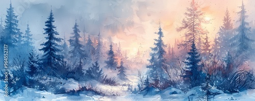 Abstract winter forest with snow-covered trees in watercolor.