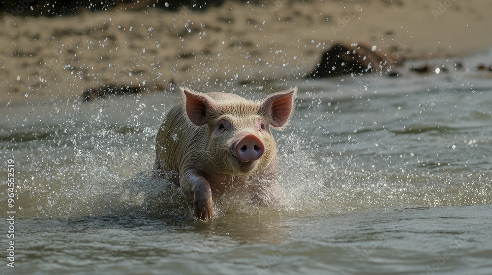 A playful pig splashing in the shallow waters of Pig Beach, with the sandy shore in the background. A playful pig splashing in the shallow waters of Pig Beach, with the sandy shore in the background.