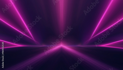 Neon tunnel with geometric lamps, pink and purple light, dark corridor, futuristic dark neon portal.