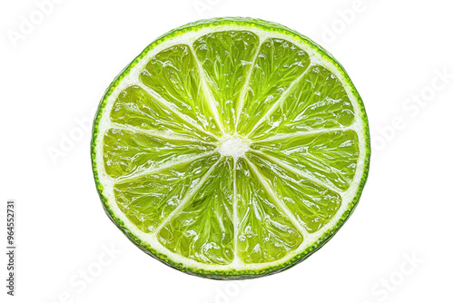 Close-up of a fresh green lime slice with visible juicy segments, isolated on a transparent background. Perfect for culinary and beverage presentations.