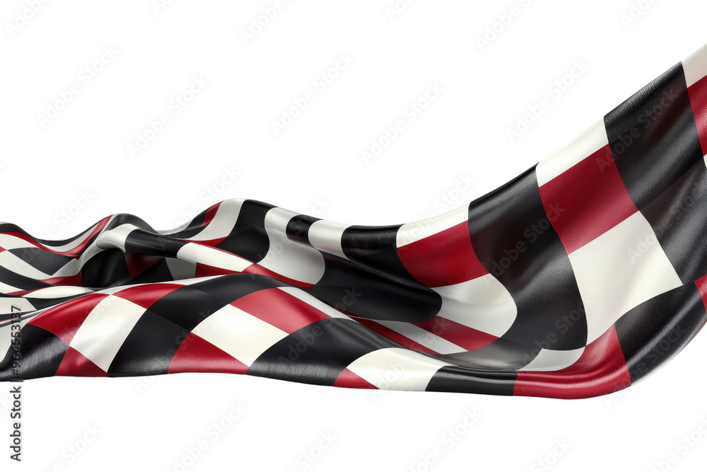 Close-up of a waving black, white, and red checkered flag on a transparent background. representing racing and competition concepts. Close-up of a waving black, white, and red checkered flag on a transparent background. representing racing and competition concepts.