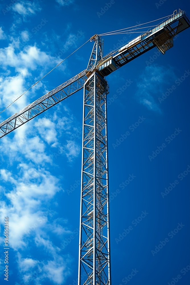 Steel construction crane against a vibrant blue sky with scattered clouds. Steel construction crane against a vibrant blue sky with scattered clouds.
