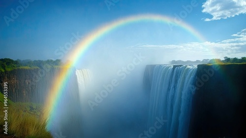 A rainbow forming over Victoria Falls, with the mist from the waterfalls creating a magical atmosphere.