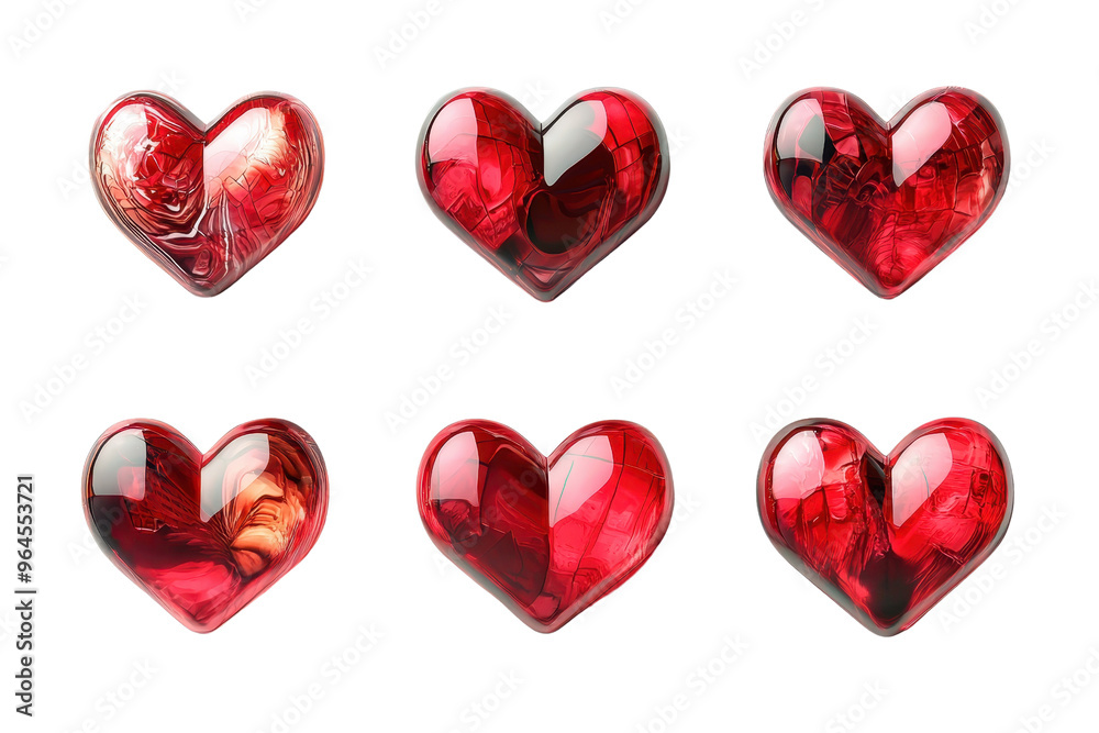Collection of six glossy red heart-shaped icons with marble-like textures, ideal for romantic, Valentine's Day, and love-themed designs. Collection of six glossy red heart-shaped icons with marble-like textures, ideal for romantic, Valentine's Day, and love-themed designs.