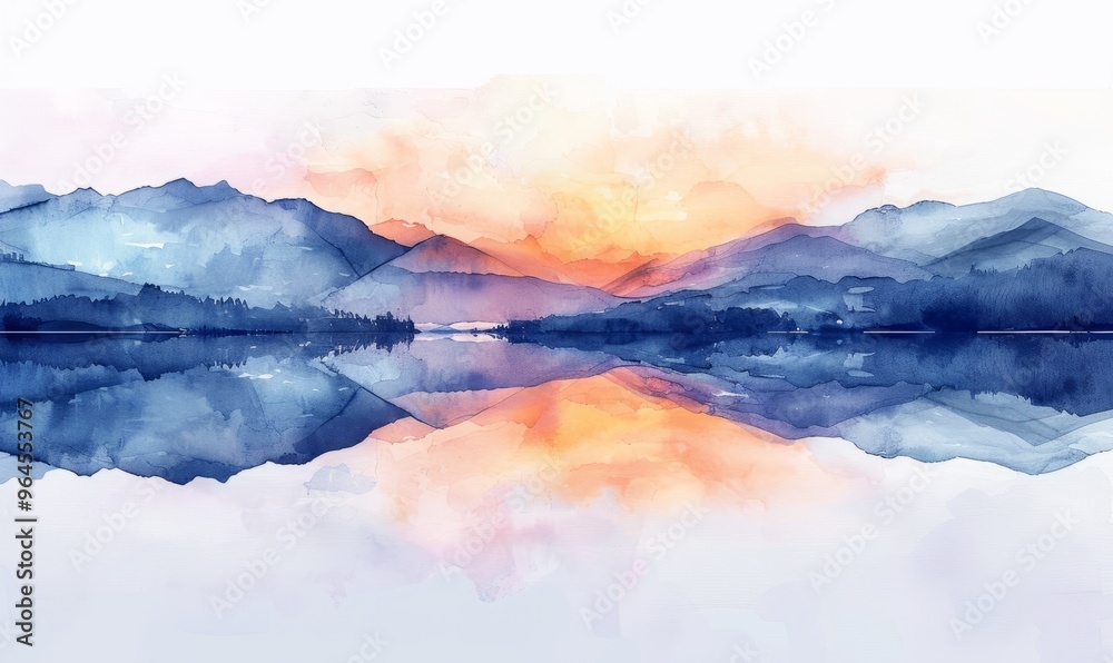 Fototapeta premium Watercolor abstract twilight reflections on white.