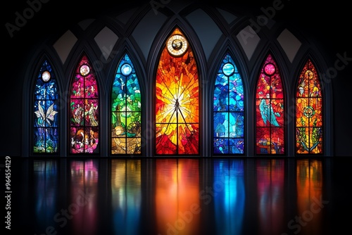 Stained glass window, telling the story of creation, vibrant and detailed brings the biblical tale to life with vivid imagery and radiant light