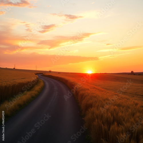 Sunset over wheat fields and winding road