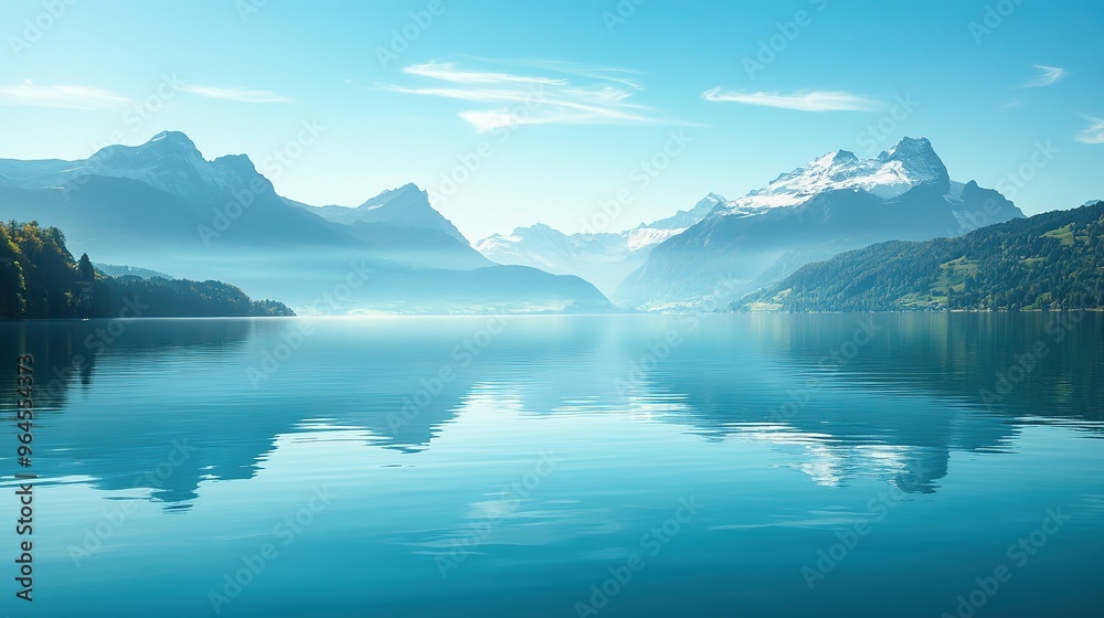 Serene Mountain Lake with Snow-Capped Peaks Reflecting on Calm Water Serene Mountain Lake with Snow-Capped Peaks Reflecting on Calm Water