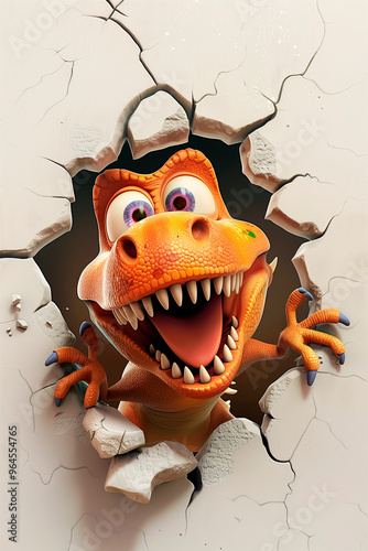 Cute cartoon colorful dinosaur break through 3d wal