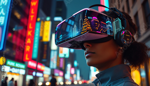 Une femme avec un casque de réalité virtuelle de haute technologie debout dans une rue animée et baignée de néons la nuit, avec des images numériques de gratte-ciels reflétées sur sa visière, donnant 