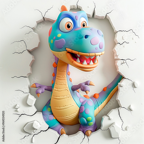 Cute cartoon colorful dinosaur break through 3d wal