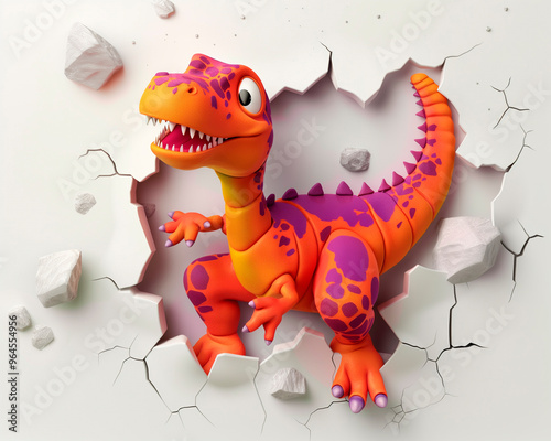 Cute cartoon colorful dinosaur break through 3d wal