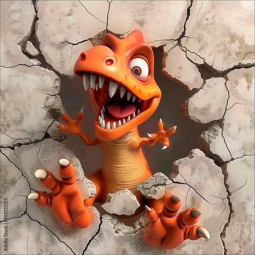 Cute cartoon colorful dinosaur break through 3d wal