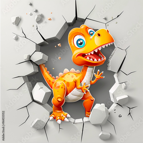 Cute cartoon colorful dinosaur break through 3d wal