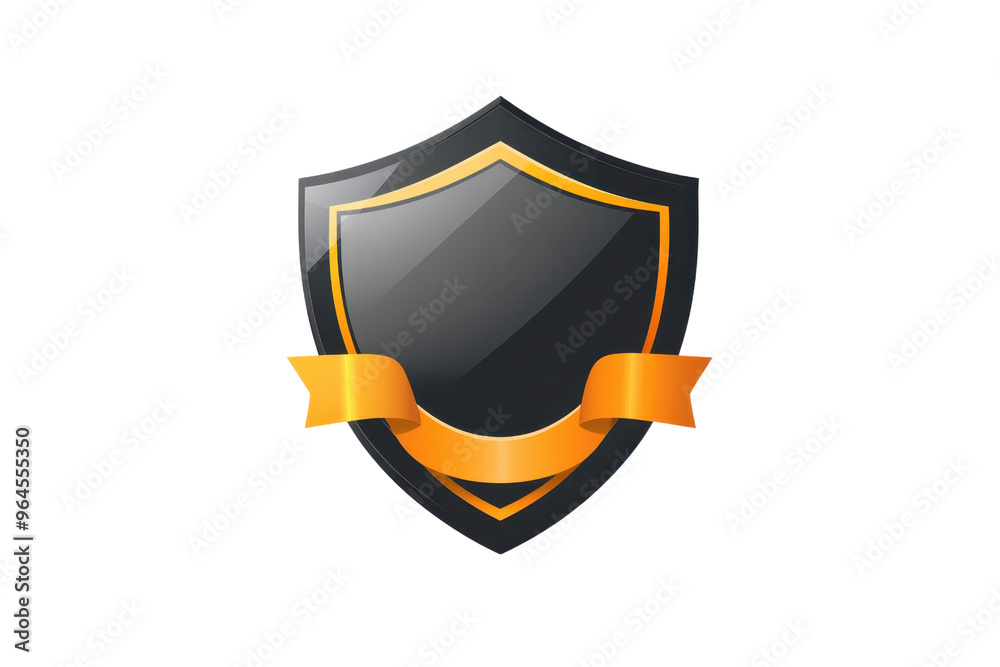 Elegant black and gold shield emblem with orange ribbon, perfect for security, protection, and award designs. Vector illustration. Elegant black and gold shield emblem with orange ribbon, perfect for security, protection, and award designs. Vector illustration.