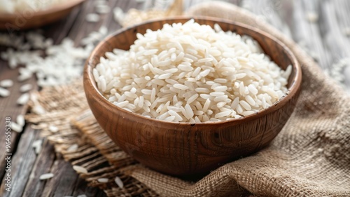 Wooden bowl filled with rice grains