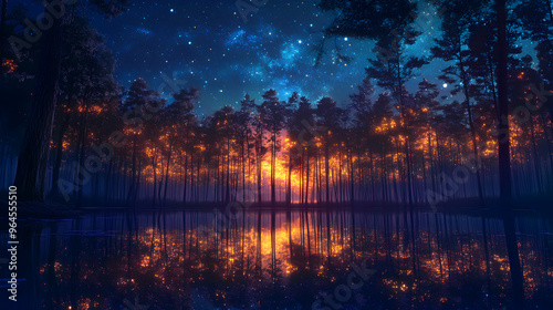 A forest where the trees have glowing, glass-like bark, their luminescence casting reflections on a calm lake beneath a starry sky