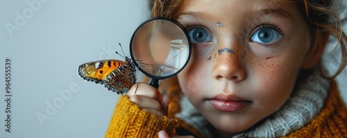 A child with wide eyes and a fascinated expression, holding a magnifying glass and examining a colorful butterfly against a white backdrop. photo