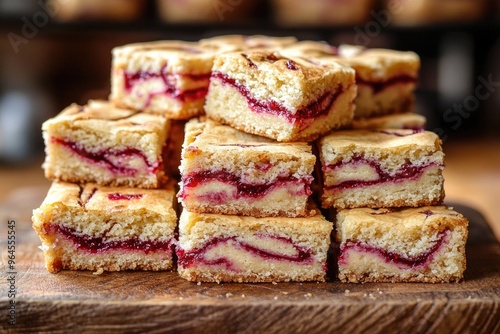 A stack of white chocolate blondies with swirls of raspberry jam, cut into squares on a wooden board