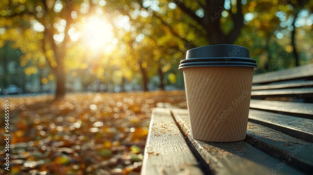 Serene Moment in the Park - Takeaway Coffee Cup on Bench with Dappled Sunlight Serene Moment in the Park - Takeaway Coffee Cup on Bench with Dappled Sunlight
