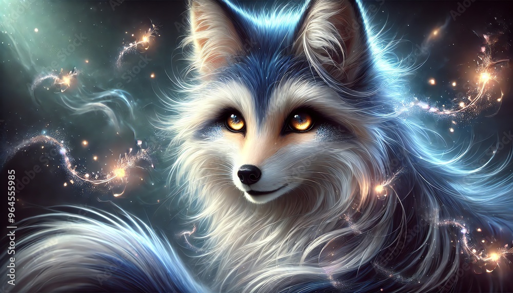 A fantasy illustration of a majestic fox with deep blue and white fur A fantasy illustration of a majestic fox with deep blue and white fur
