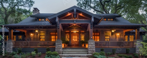 Craftsman lodge with a welcoming front porch.