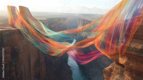 A bridge made of colorful ribbons stretching across a vast canyon, with the wind blowing them softly as they sway above the river below photo