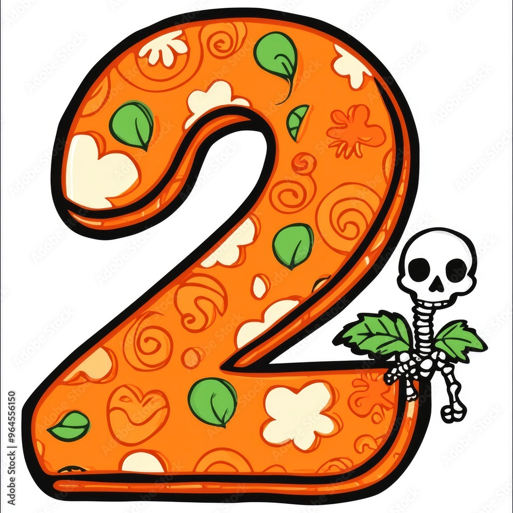 Cartoon Orange Number Two with Skeleton Decor Cartoon Orange Number Two with Skeleton Decor