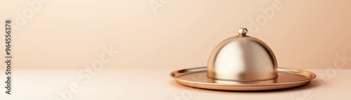 Shiny metal tray and dome cover, suspended lid concept, 3D illustration