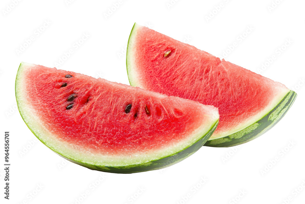 Fresh and juicy watermelon slices with vibrant red flesh and dark seeds, perfect for summer and refreshment on a transparent background. Fresh and juicy watermelon slices with vibrant red flesh and dark seeds, perfect for summer and refreshment on a transparent background.