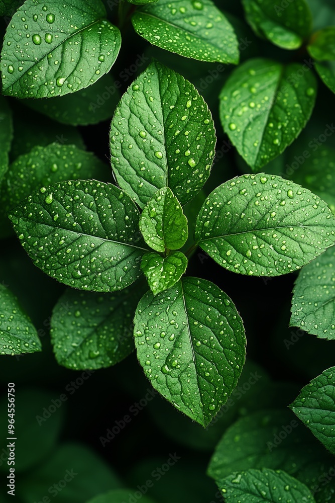 Close-up of lush green leaves with water droplets. Close-up of lush green leaves with water droplets.