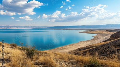 A view of the Dead Sea from a desert plateau, with the vast expanse of water stretching out below.