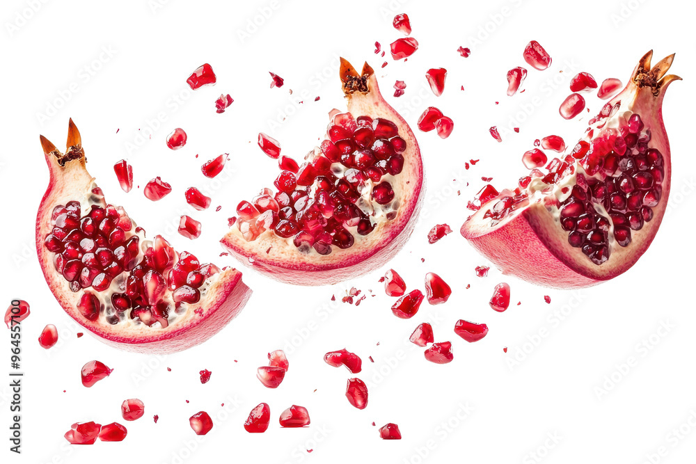 Freshly sliced pomegranate with juicy seeds scattered. Vibrant and healthy fruit, perfect for diet and nutrition concepts. Freshly sliced pomegranate with juicy seeds scattered. Vibrant and healthy fruit, perfect for diet and nutrition concepts.